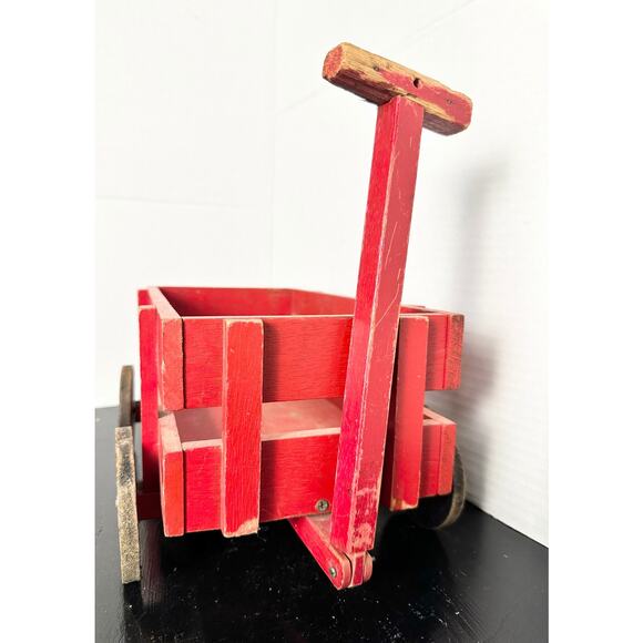 Antique Wooden Wagon Childrens Pull Toy, RED WAGON About 14"x11" Baby Decor - Picture 6 of 10